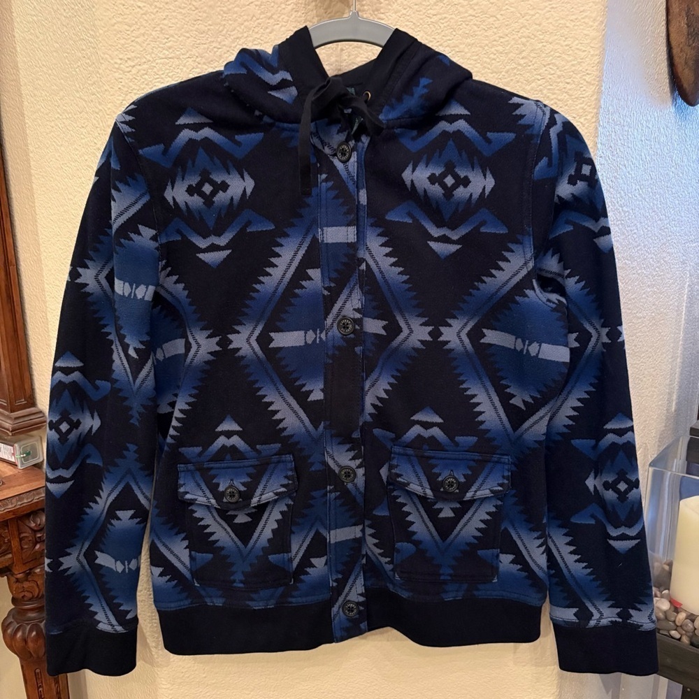 RALPH LAUREN LRL Women Blue Aztec Western Print Button Hooded Jacket Size Medium